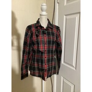 Brooks Brothers Red Black Plaid Bow Neck Tie Cotton Blouse Shirt Womens 14